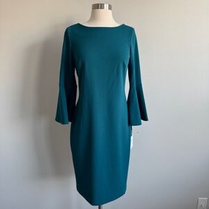 Calvin Klein Teal Bell Sleeve Sheath Dress CD7C133E Size 4 NWT